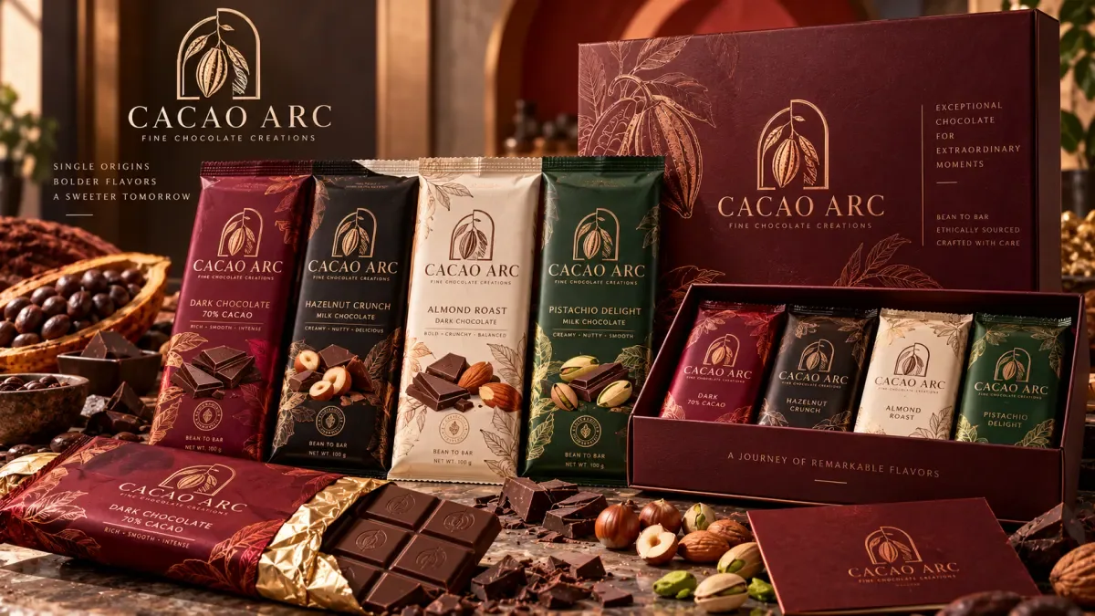 Luxury chocolate gift boxes and bars with coordinated dark wrappers and premium details