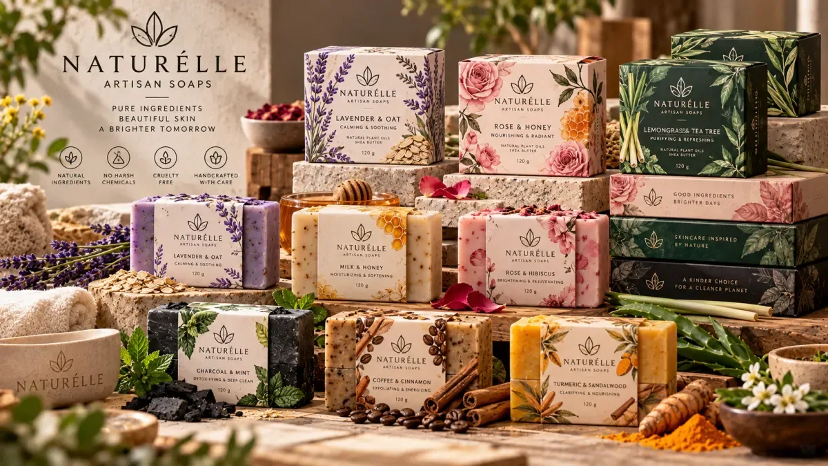Handmade botanical soap wrappers and cartons with floral illustrations and natural colours