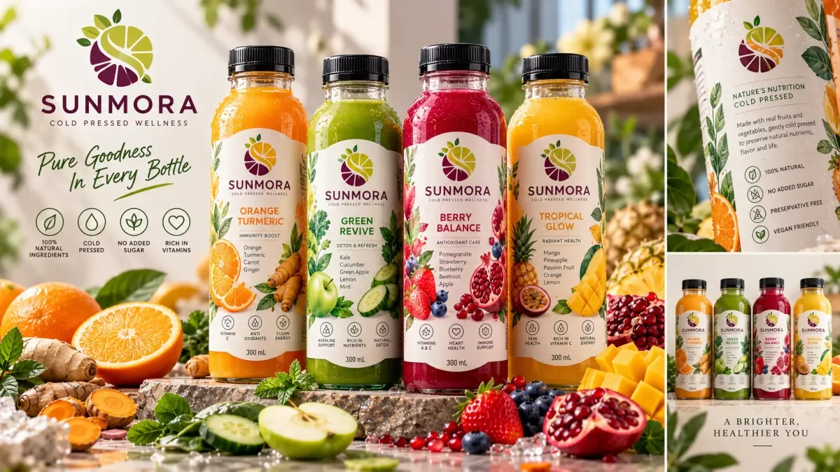 Clear juice bottles with illustrated fruit labels and matching packaging across flavours