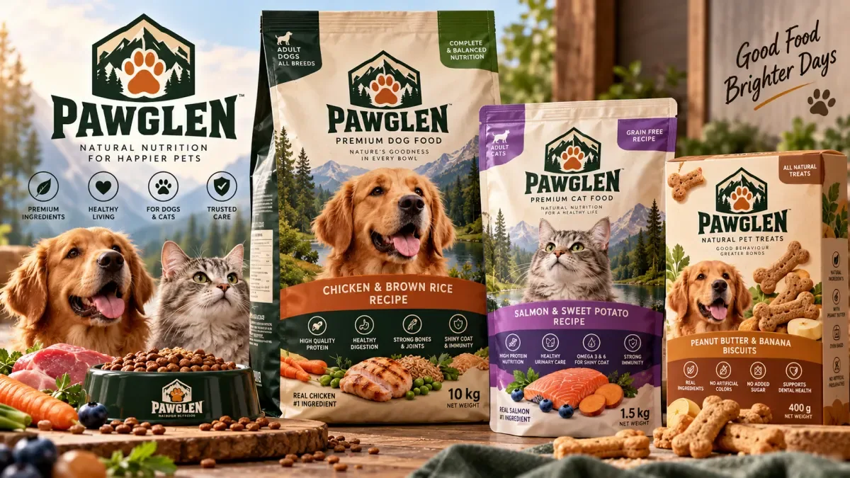 Coordinated dog and cat food pouches with pet illustrations and readable product names