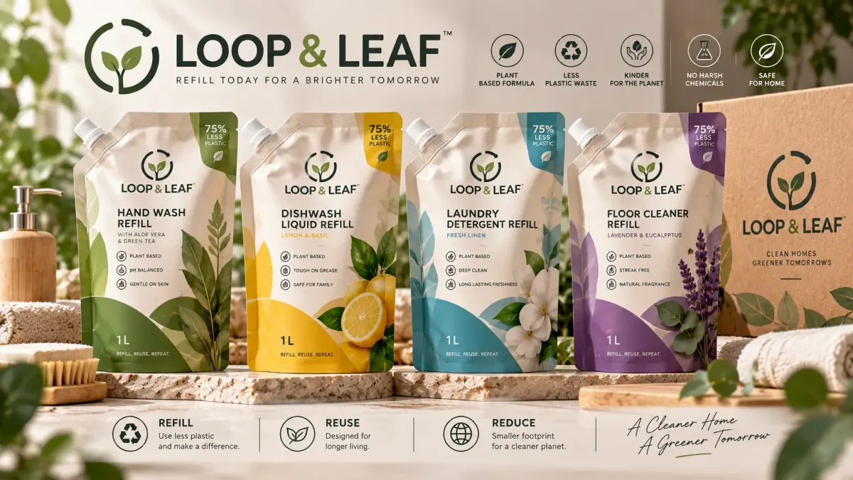 Refill pouches for household cleaning products with botanical-inspired green branding