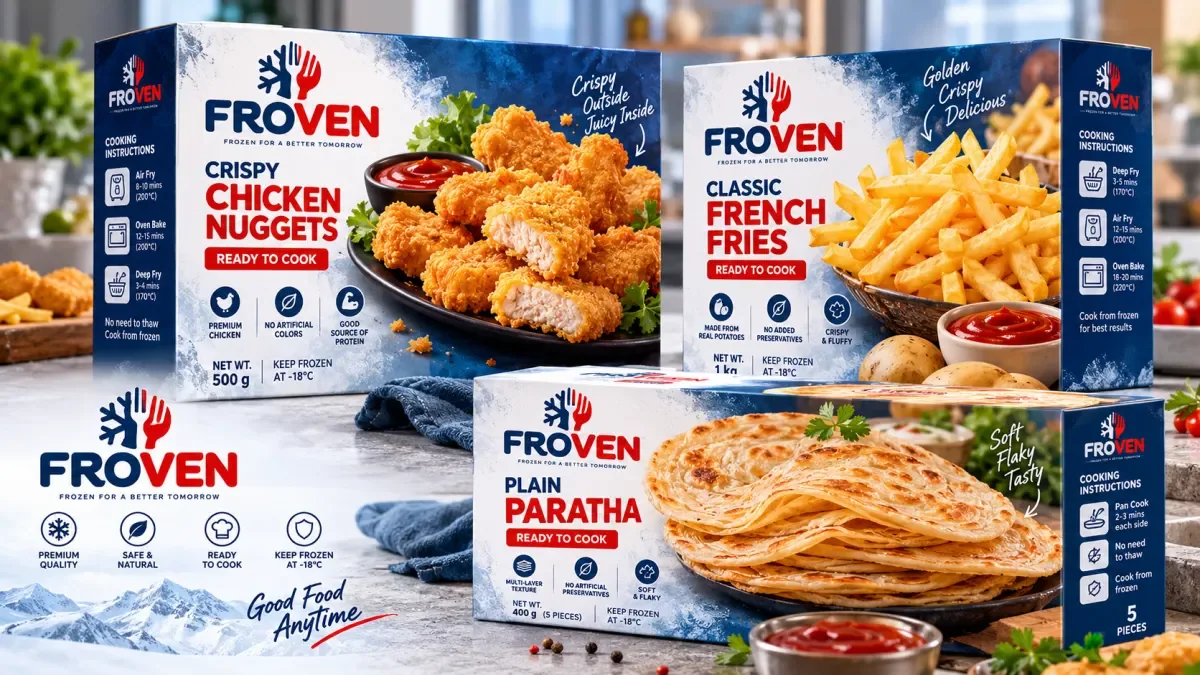 Frozen food carton packaging showing colourful product photos and clear range differentiation