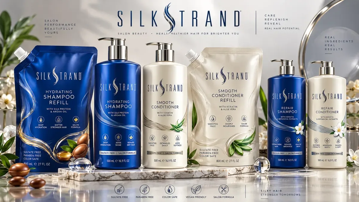Matching shampoo and conditioner bottles with cohesive label artwork