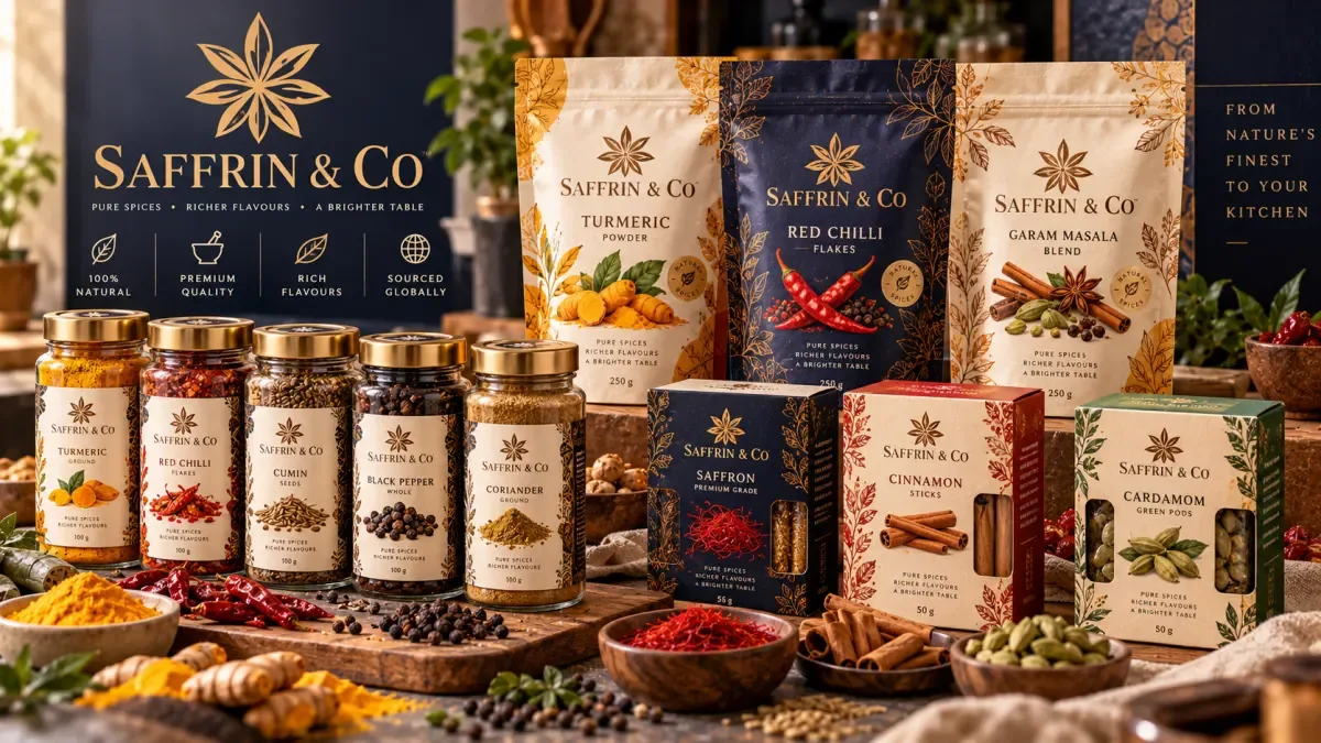 Spice jar labels and matching carton packaging with bold product names