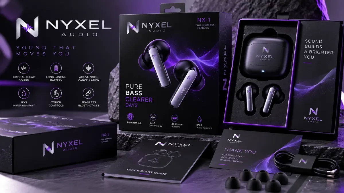 Wireless earbuds in retail cartons with a dark premium technology packaging design